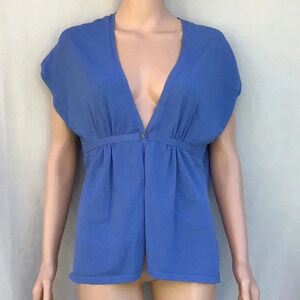 Anne Klein Blue Open Front Top Shrug Large V-Neck Knit Top pleated summer Casual